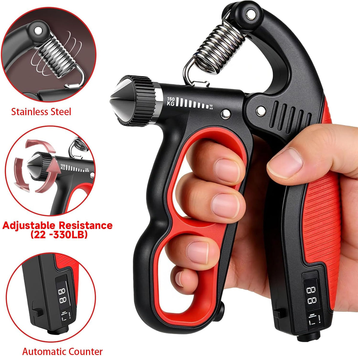 Hand Gripper Strengthener, 22-330LB Adjustable Resistance Grip Strength Trainer with Counter, Forearm Exerciser for Injury Recovery and Muscle Building