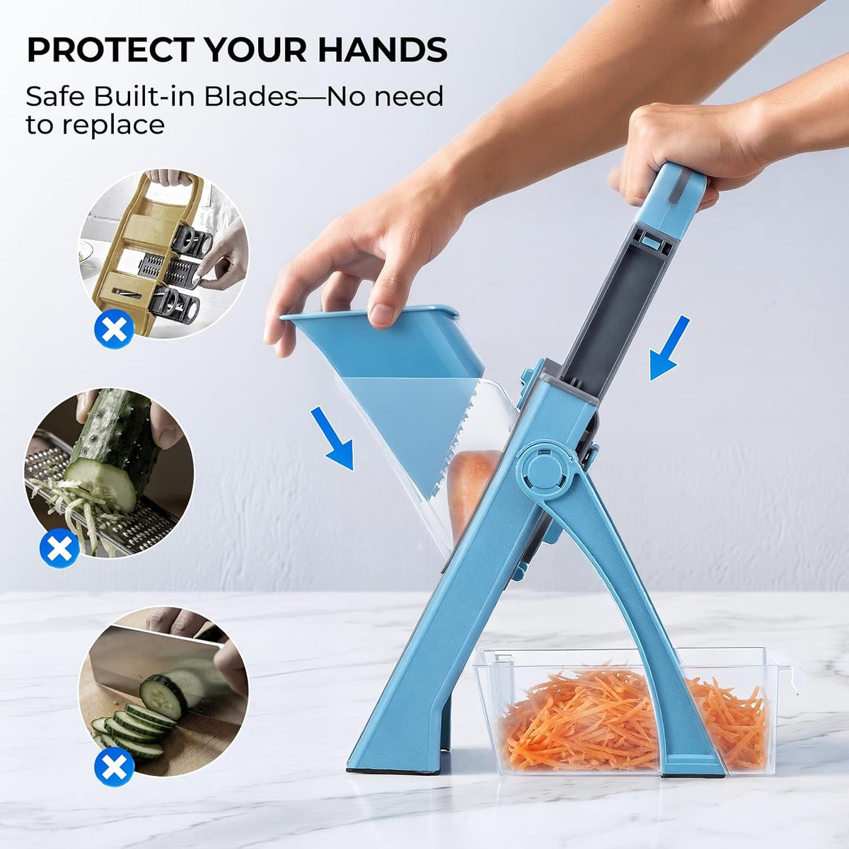 Safe Mandoline Slicer Multi Vegetable Chopper, Foldable 4 In1 Fruit Slicer Dice Strip Shred Veggie Cutter with 0-8Mm Thickness Adjustable Built in Blades, Detachable Salad Chopper