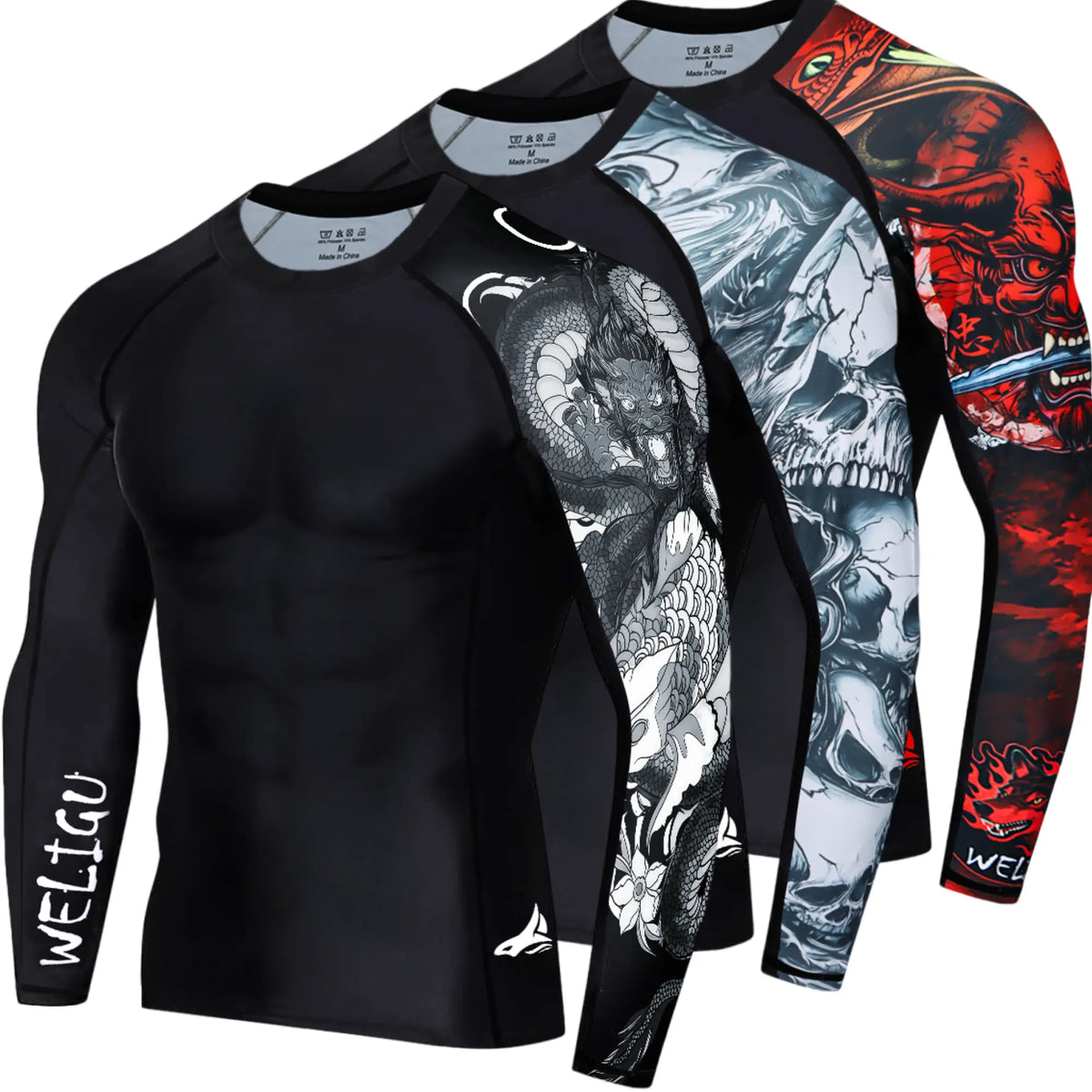 WELIGU Men'S UPF 50+ One-Sleeve Compression Rash Guard, Quick-Dry Athletic Swim Top for BJJ, MMA, Surfing, Gym, Fishing, and Water Sports