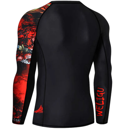 WELIGU Men'S UPF 50+ One-Sleeve Compression Rash Guard, Quick-Dry Athletic Swim Top for BJJ, MMA, Surfing, Gym, Fishing, and Water Sports