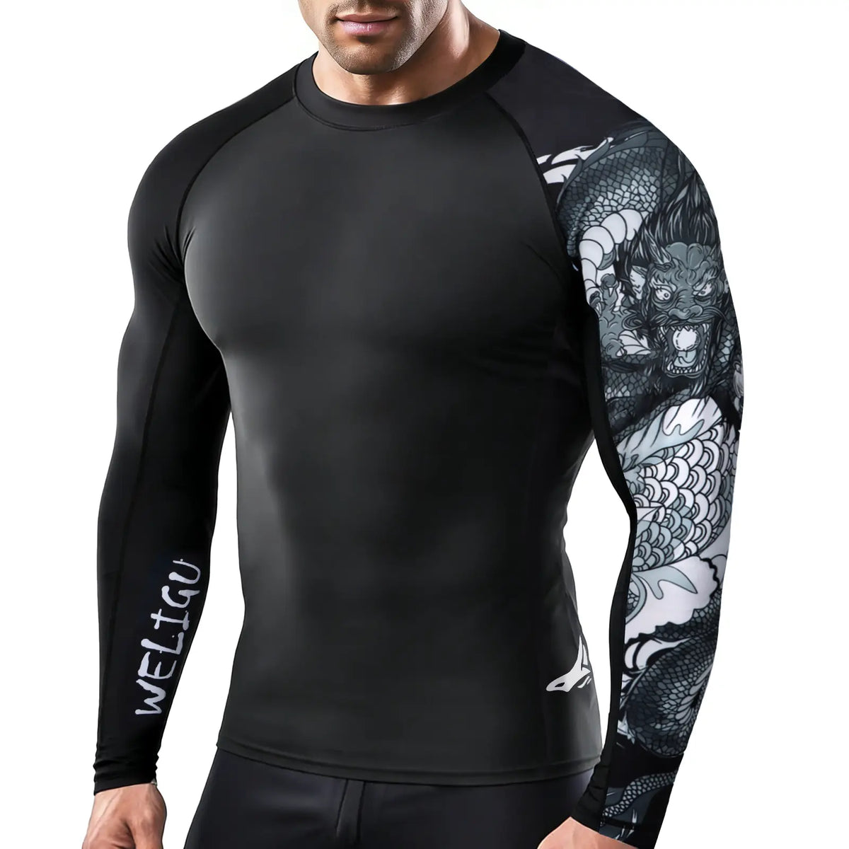 WELIGU Men'S UPF 50+ One-Sleeve Compression Rash Guard, Quick-Dry Athletic Swim Top for BJJ, MMA, Surfing, Gym, Fishing, and Water Sports