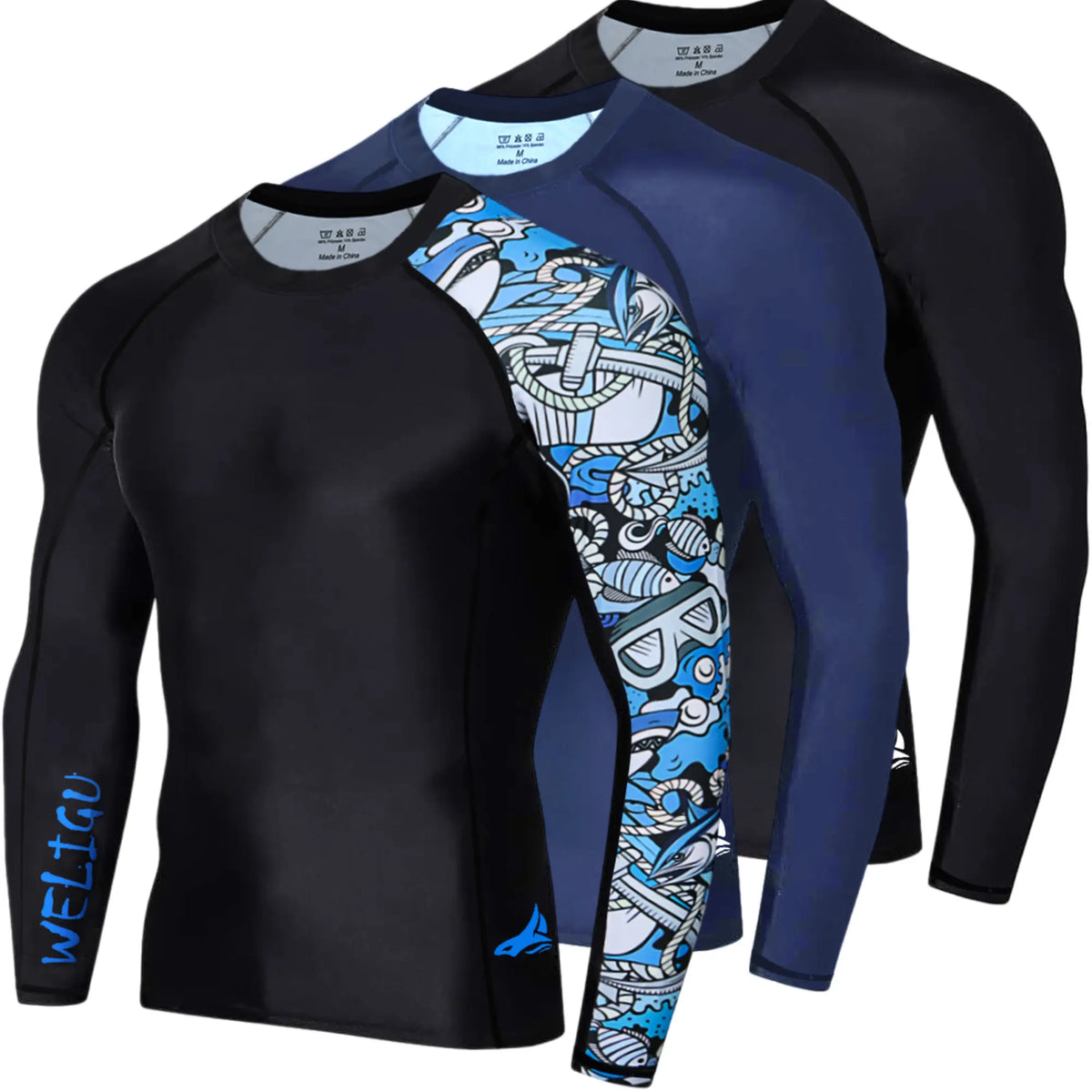 WELIGU Men'S UPF 50+ One-Sleeve Compression Rash Guard, Quick-Dry Athletic Swim Top for BJJ, MMA, Surfing, Gym, Fishing, and Water Sports