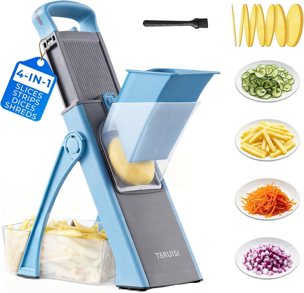 Safe Mandoline Slicer Multi Vegetable Chopper, Foldable 4 In1 Fruit Slicer Dice Strip Shred Veggie Cutter with 0-8Mm Thickness Adjustable Built in Blades, Detachable Salad Chopper