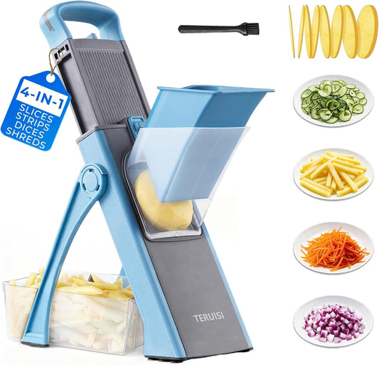 Safe Mandoline Slicer Multi Vegetable Chopper, Foldable 4 In1 Fruit Slicer Dice Strip Shred Veggie Cutter with 0-8Mm Thickness Adjustable Built in Blades, Detachable Salad Chopper