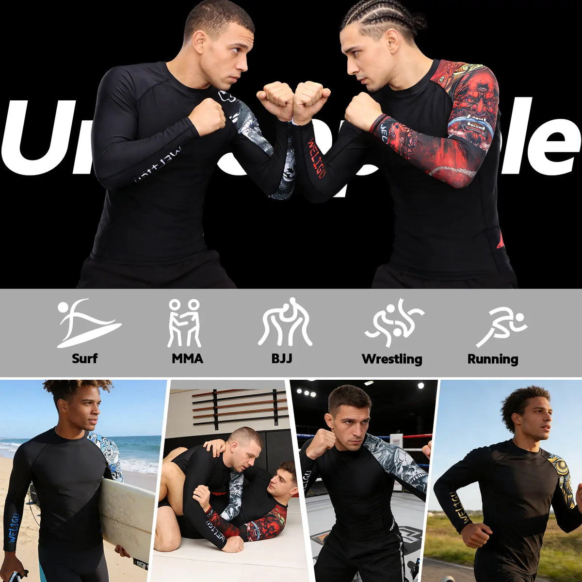 WELIGU Men'S UPF 50+ One-Sleeve Compression Rash Guard, Quick-Dry Athletic Swim Top for BJJ, MMA, Surfing, Gym, Fishing, and Water Sports