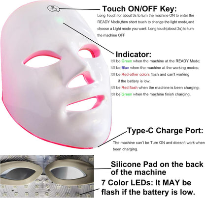 LED Face Mask Light Therapy, 7+1 Modes Portable Red Light Therapy for Face, Rechargeable, Blue & Red Light Mask, LED Facial Skin Care Mask at Home & Travel