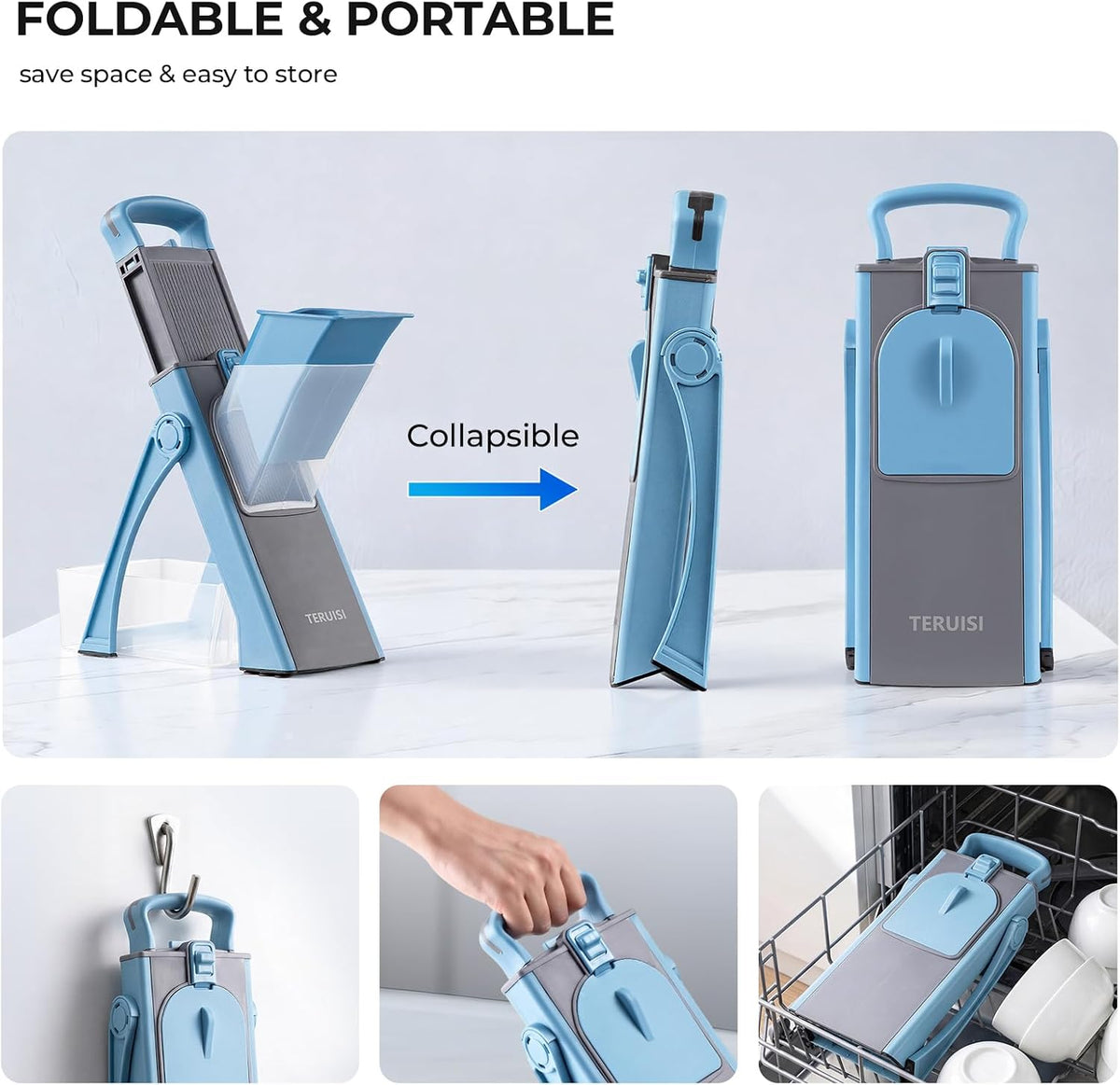 Safe Mandoline Slicer Multi Vegetable Chopper, Foldable 4 In1 Fruit Slicer Dice Strip Shred Veggie Cutter with 0-8Mm Thickness Adjustable Built in Blades, Detachable Salad Chopper