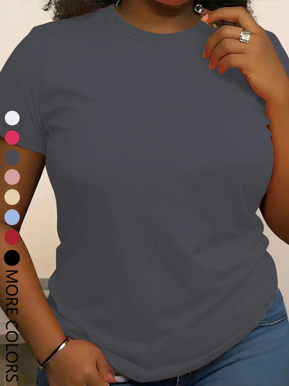 Summer New Women'S Solid Color Short Sleeve Casual Outdoor Sports round Neck T-Shirt, Fitted Style, Moderate Fabric, All Seasons Wear, Active T Shirts