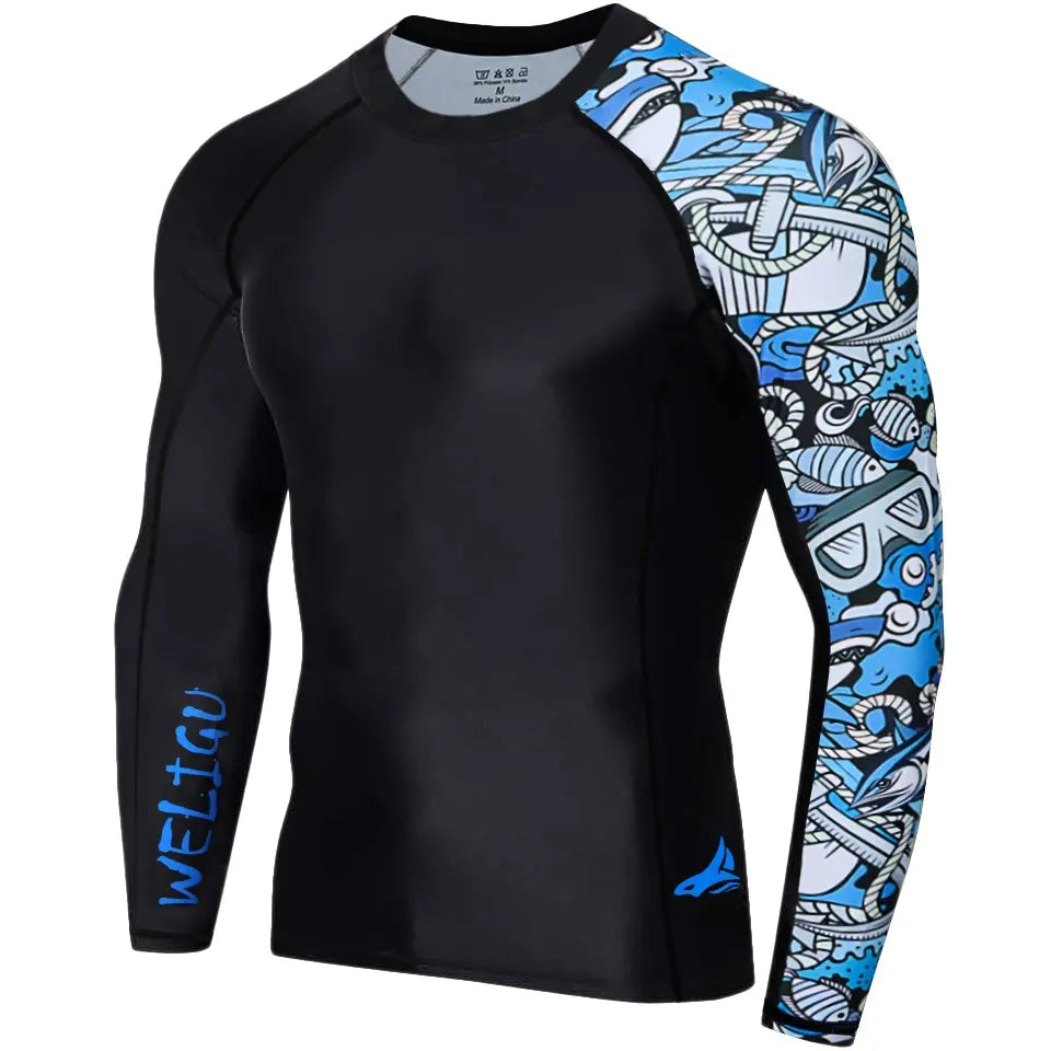 WELIGU Men'S UPF 50+ One-Sleeve Compression Rash Guard, Quick-Dry Athletic Swim Top for BJJ, MMA, Surfing, Gym, Fishing, and Water Sports
