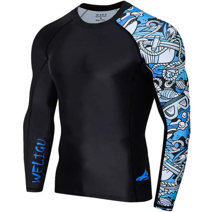 WELIGU Men'S UPF 50+ One-Sleeve Compression Rash Guard, Quick-Dry Athletic Swim Top for BJJ, MMA, Surfing, Gym, Fishing, and Water Sports