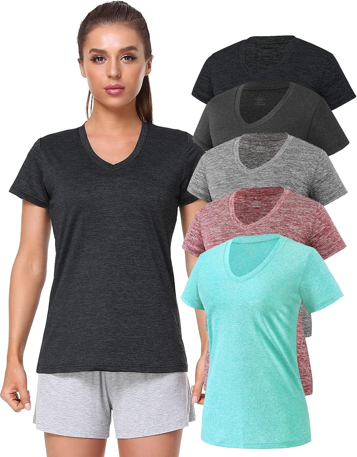 5-Pack Women's Short Sleeve Dry Fit T-Shirts, Moisture Wicking V-Neck Workout Tees