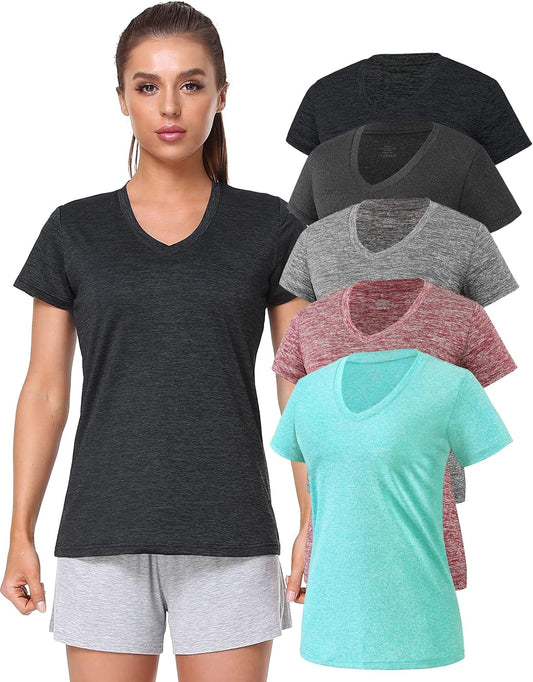 5-Pack Women's Short Sleeve Dry Fit T-Shirts, Moisture Wicking V-Neck Workout Tees