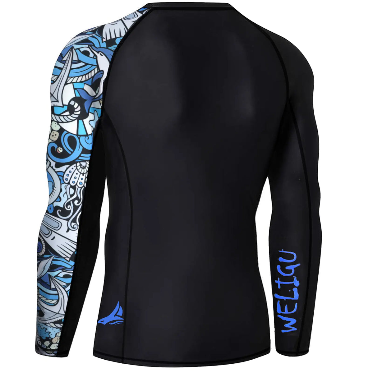 WELIGU Men'S UPF 50+ One-Sleeve Compression Rash Guard, Quick-Dry Athletic Swim Top for BJJ, MMA, Surfing, Gym, Fishing, and Water Sports