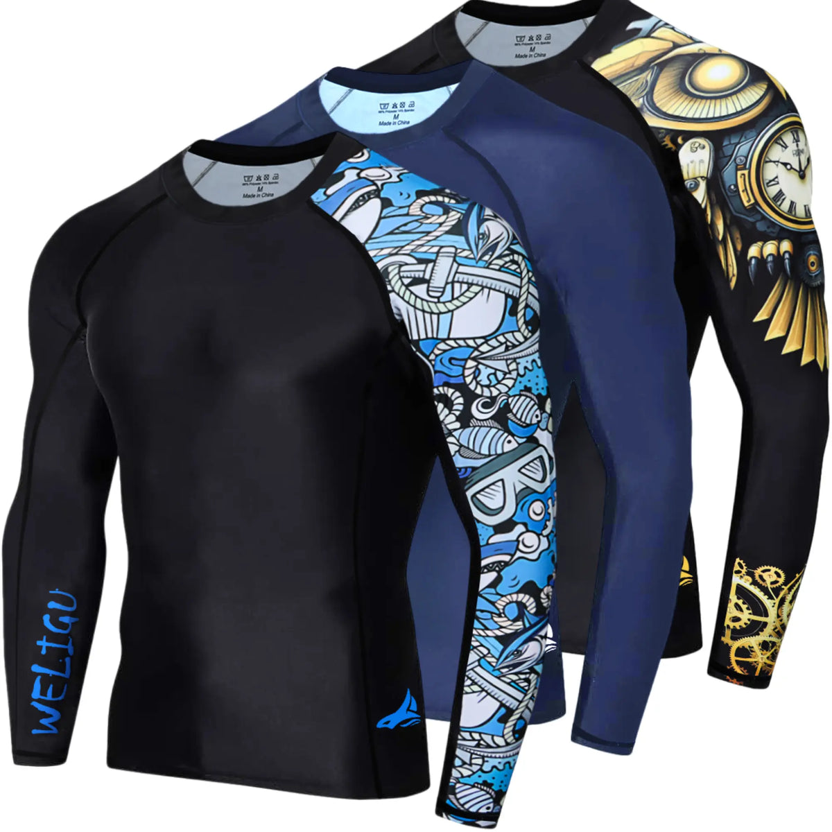 WELIGU Men'S UPF 50+ One-Sleeve Compression Rash Guard, Quick-Dry Athletic Swim Top for BJJ, MMA, Surfing, Gym, Fishing, and Water Sports