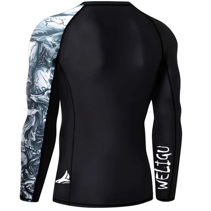 WELIGU Men'S UPF 50+ One-Sleeve Compression Rash Guard, Quick-Dry Athletic Swim Top for BJJ, MMA, Surfing, Gym, Fishing, and Water Sports
