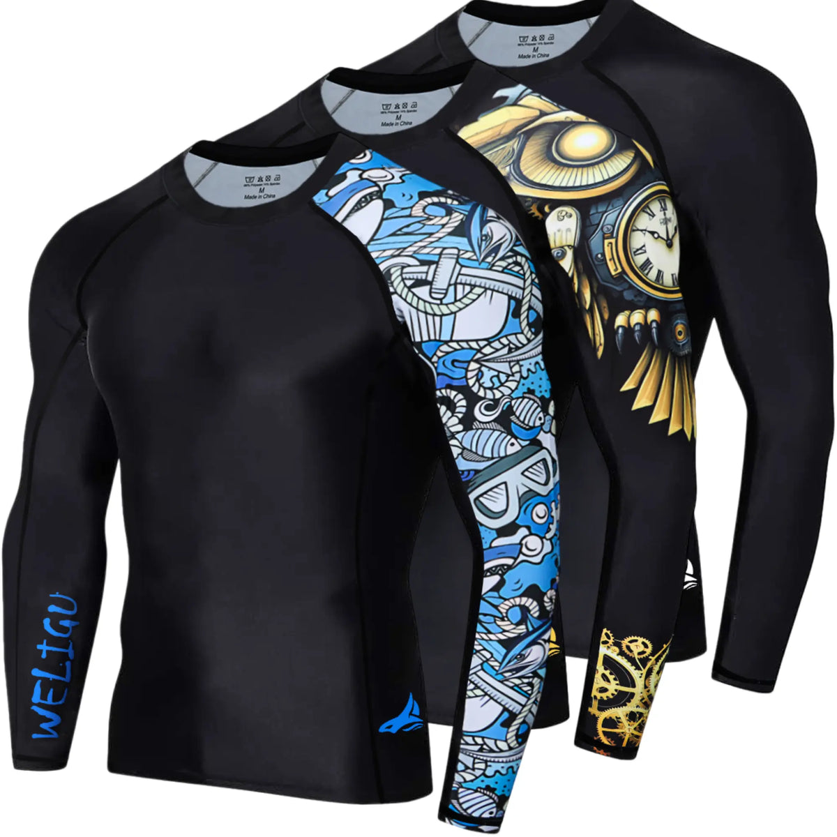 WELIGU Men'S UPF 50+ One-Sleeve Compression Rash Guard, Quick-Dry Athletic Swim Top for BJJ, MMA, Surfing, Gym, Fishing, and Water Sports