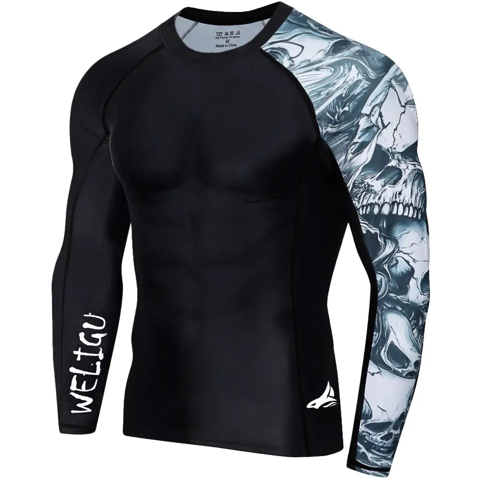 WELIGU Men'S UPF 50+ One-Sleeve Compression Rash Guard, Quick-Dry Athletic Swim Top for BJJ, MMA, Surfing, Gym, Fishing, and Water Sports