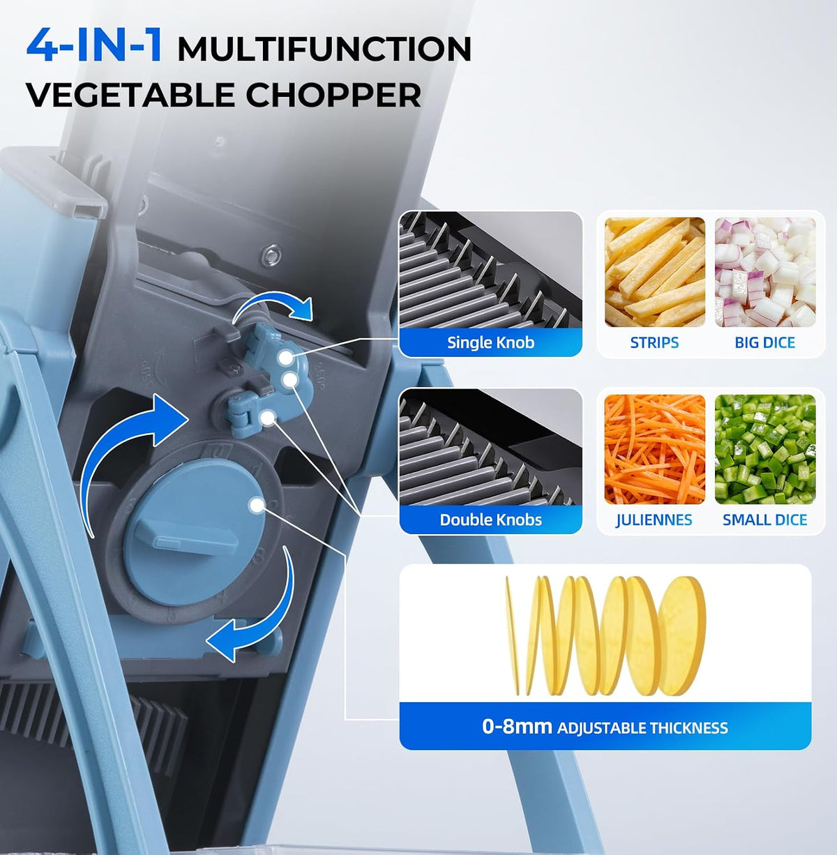 Safe Mandoline Slicer Multi Vegetable Chopper, Foldable 4 In1 Fruit Slicer Dice Strip Shred Veggie Cutter with 0-8Mm Thickness Adjustable Built in Blades, Detachable Salad Chopper