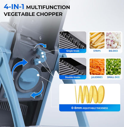 Safe Mandoline Slicer Multi Vegetable Chopper, Foldable 4 In1 Fruit Slicer Dice Strip Shred Veggie Cutter with 0-8Mm Thickness Adjustable Built in Blades, Detachable Salad Chopper