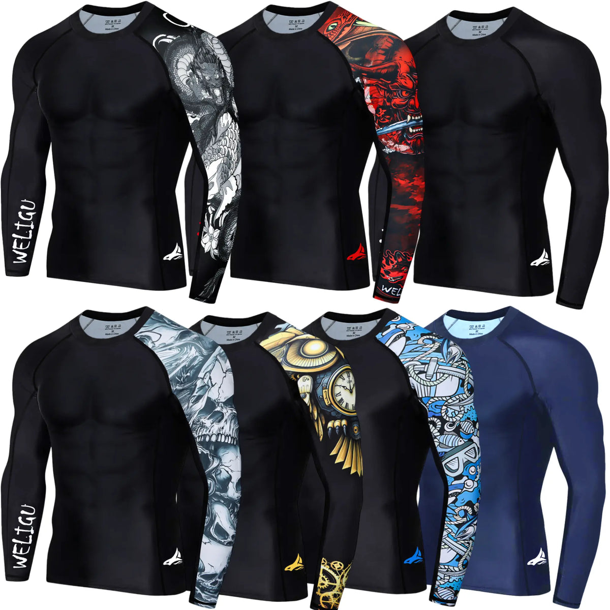 WELIGU Men'S UPF 50+ One-Sleeve Compression Rash Guard, Quick-Dry Athletic Swim Top for BJJ, MMA, Surfing, Gym, Fishing, and Water Sports